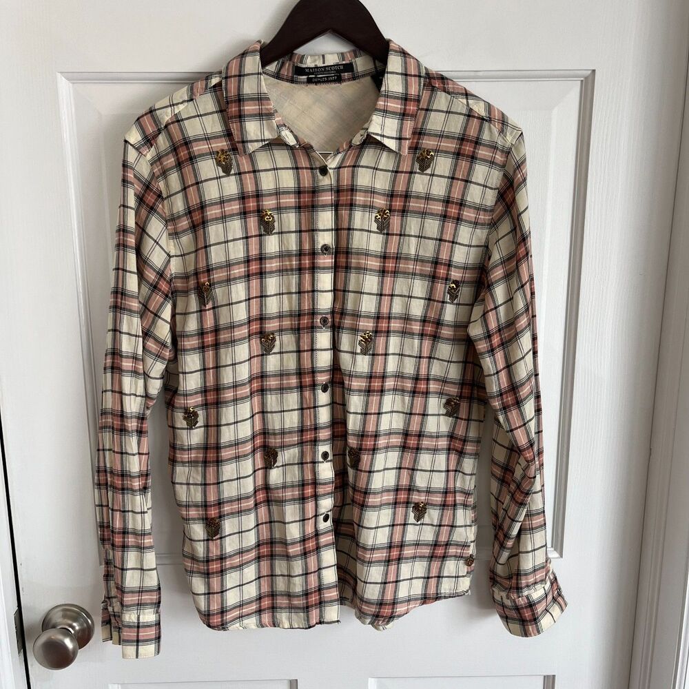 Maison Scotch Pink & White Button Down Plaid Top SZ 2 Western: Rodeo Maximalism